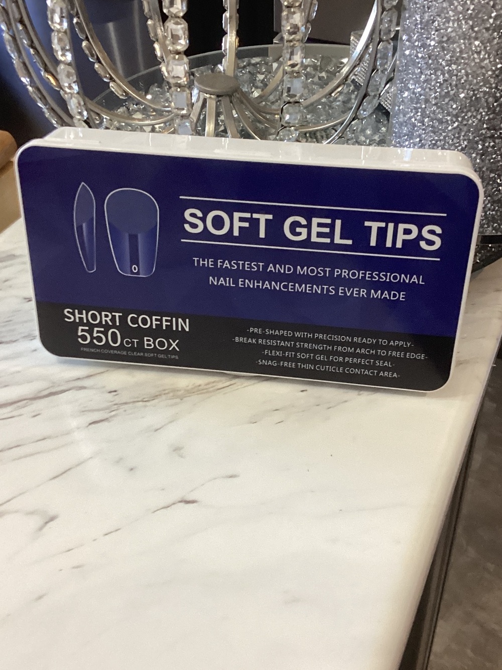 Soft Gel Tips Short Coffin 550 ct Box - Blue & White Packaging